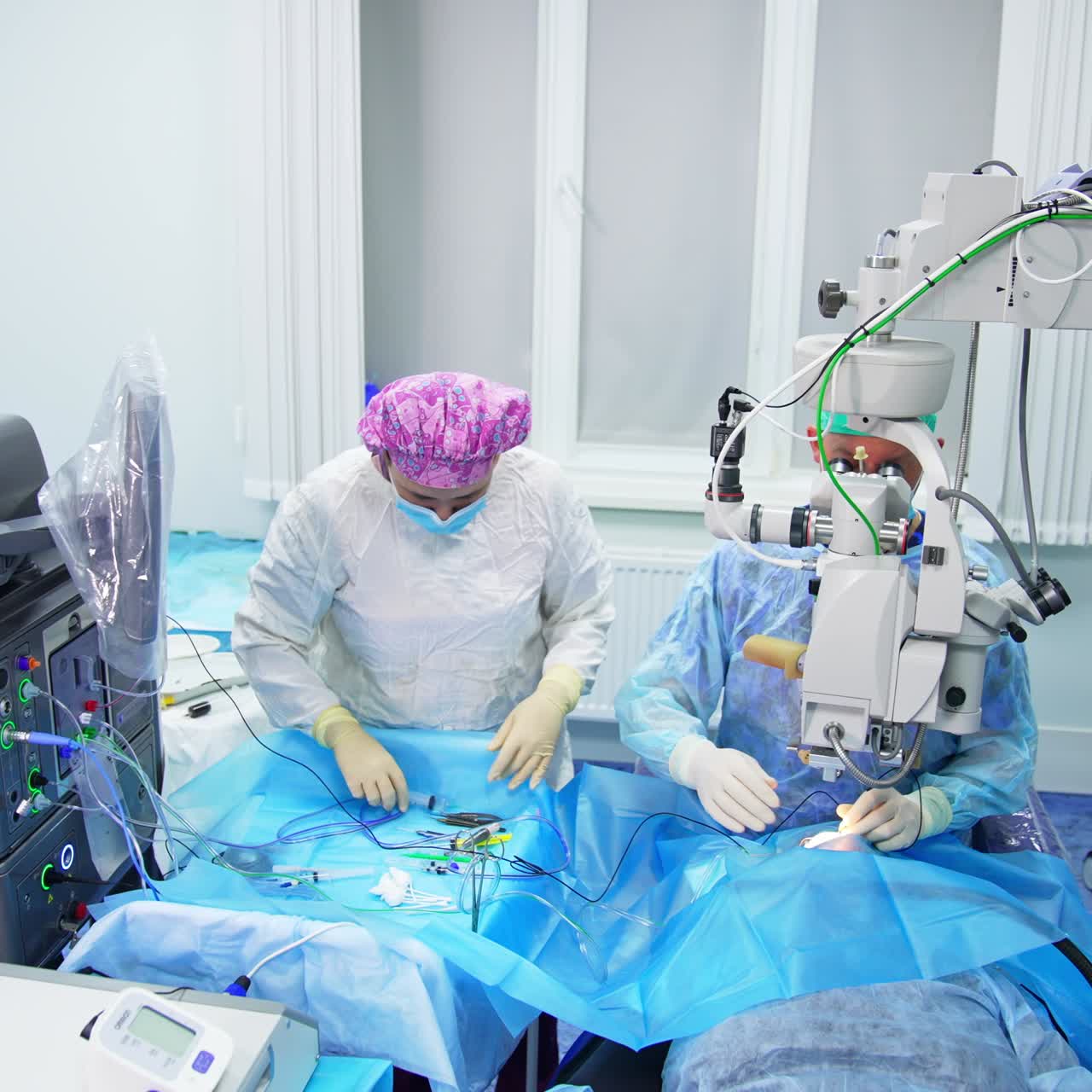 Patient lying in the centre of modern surgery room. Medical team performing operation using advanced equipment