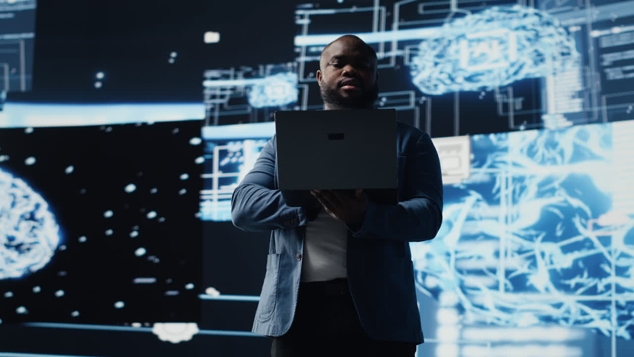 Digital concept of African American engineer exploring artificial intelligence