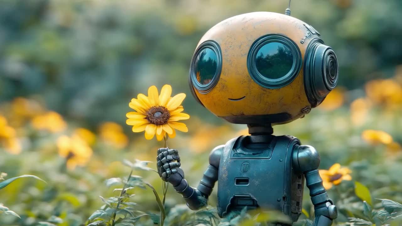 Robot che tiene un girasole in un campo