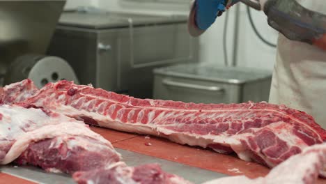 butcher cutting through pig ribs with automated saw for ribeye steak