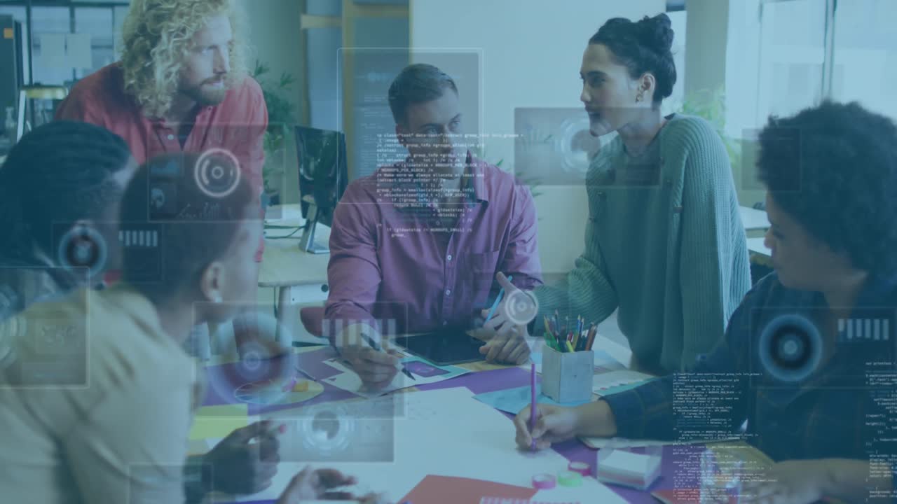 Animation of financial data processing over diverse business people