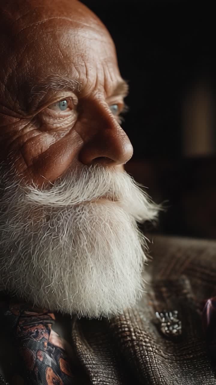 Una reflexión profunda: Primer plano intenso de un hombre mayor con rasgos faciales distintivos y una barba blanca carismática, capturando profundidad y carácter en su mirada.