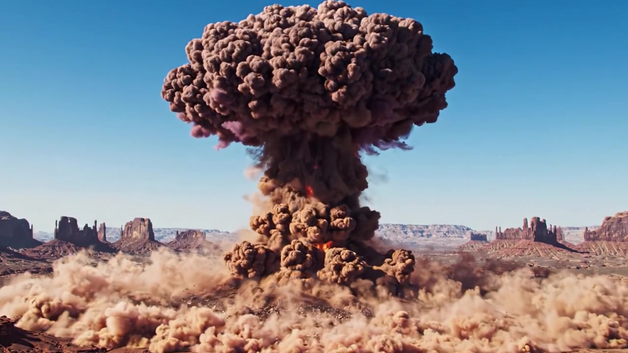 Dramatische Explosion in einer verlassenen Landschaft: Erleben Sie die Kraft einer ausbrechenden Explosion vor einer atemberaubenden Naturkulisse monumentaler Felsformationen.