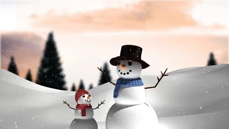 Snow-falling-over-snowman-and-baby-snowman-on-winter-landscape