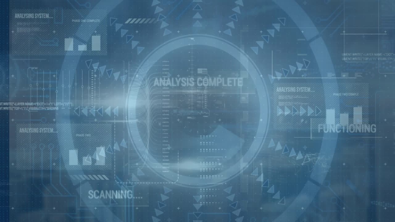 Animation of interface with data processing over round scanner against aerial view of cityscape