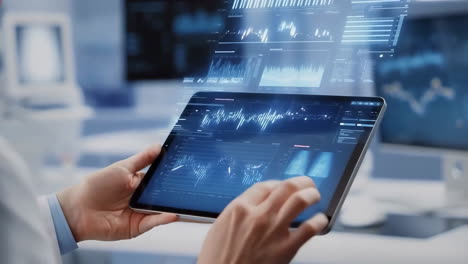 medical professional analyzing data on a holographic tablet