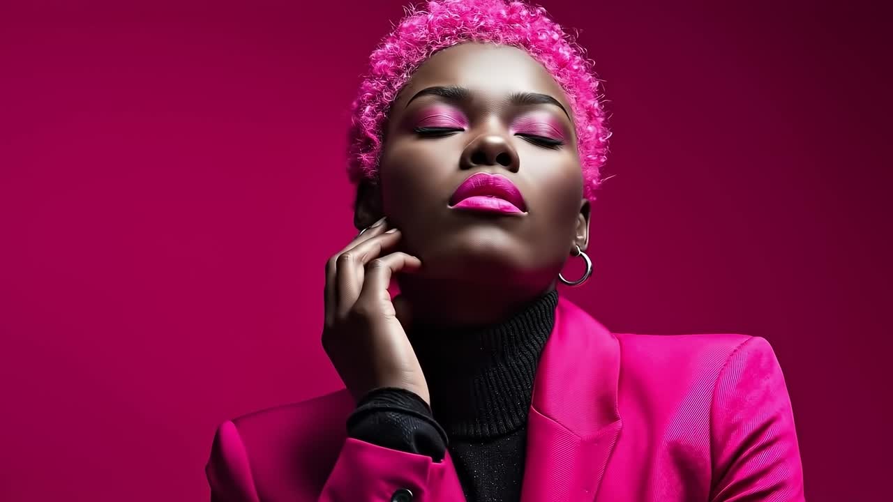 A woman with pink hair wearing a pink suit and black turtle neck sweater