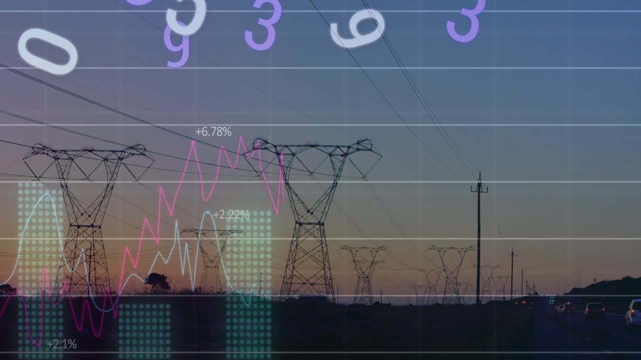 Animation of financial data processing over electricity pylons on field