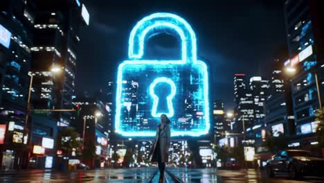 a neon-lit lock symbol illuminates a city street, representing security and protection in a modern urban environment at night