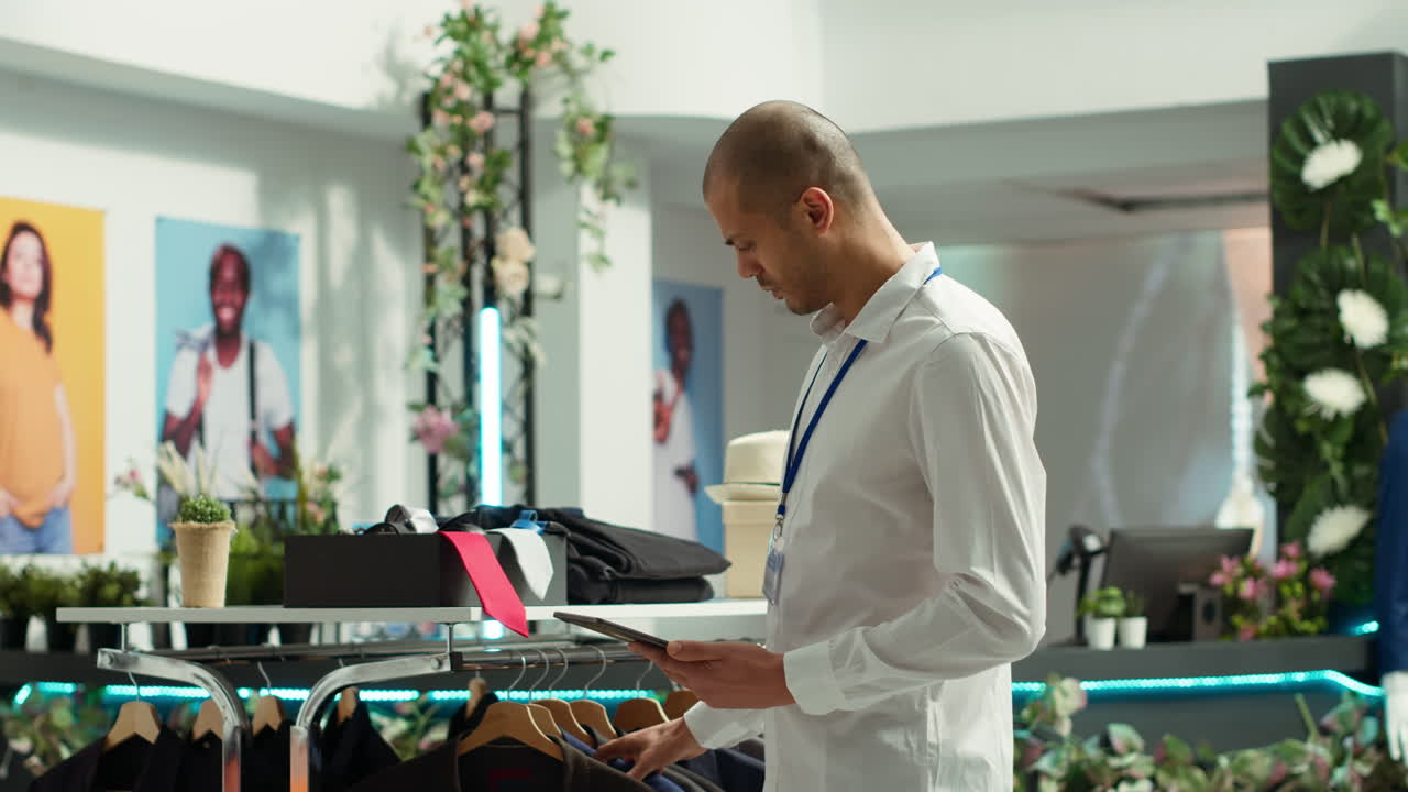 empleado minorista que utiliza una tableta en la tienda