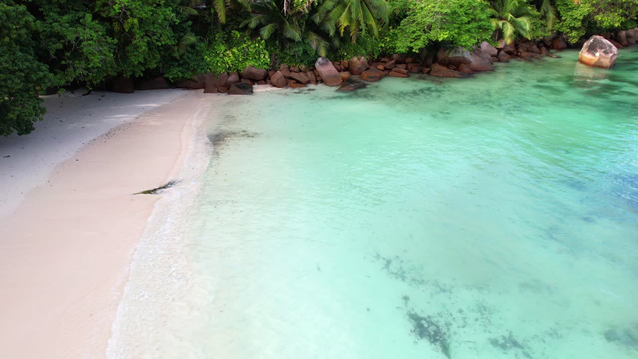 Ripresa drone di una spiaggia sabbiosa bianca, oceano turchese e vegetazione, Baie Lazare, Mahé, Seychelles 30 fps.