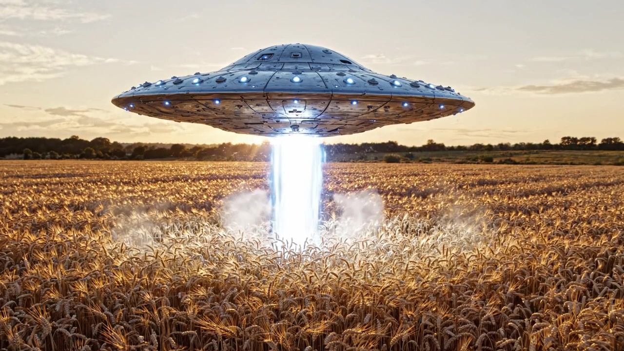Un misterioso UFO scende in un campo di grano, illuminando i dintorni con una luce futuristica al tramonto, catturando un momento enigmatico nel tempo