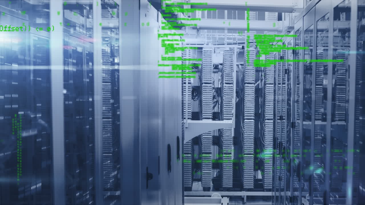 Animation of data processing and lights over servers