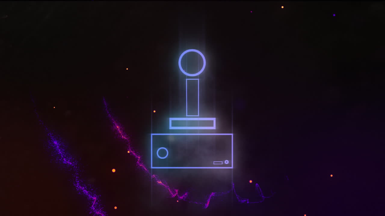 Animation of gaming joystick with colourful light trails, on black background
