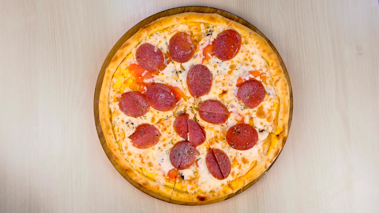 Salami pizza on wooden board on the table.