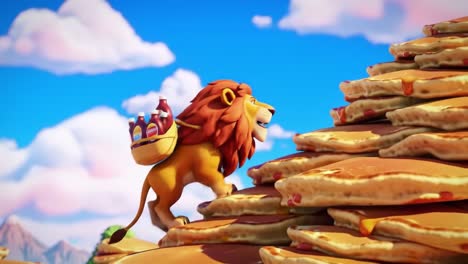 a determined lion conquers a tower of pancakes with ketchup, showcasing his adventurous spirit in a colorful animated landscape full of delicious treats
