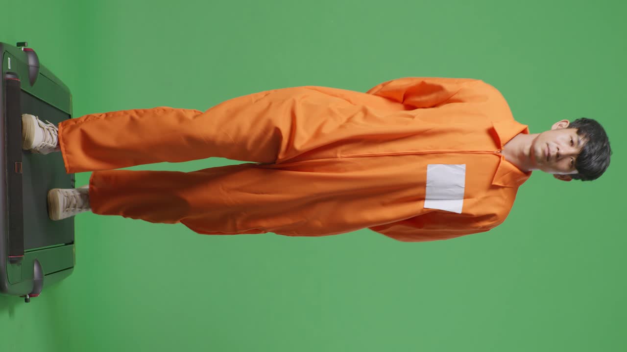 녹색 화면 배경에서 걸어가는 수갑에 인 아시아 남성 죄수의 몸이 가득 차 있습니다.