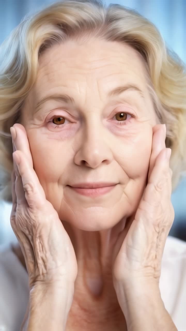 A blonde senior woman touching her authentic and healthy skin. Concept of wellness and skin care