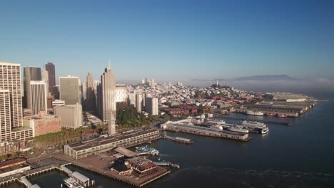 San-Francisco,-Embarcadero-Waterfront,-beautiful-aerial-shot,-4K