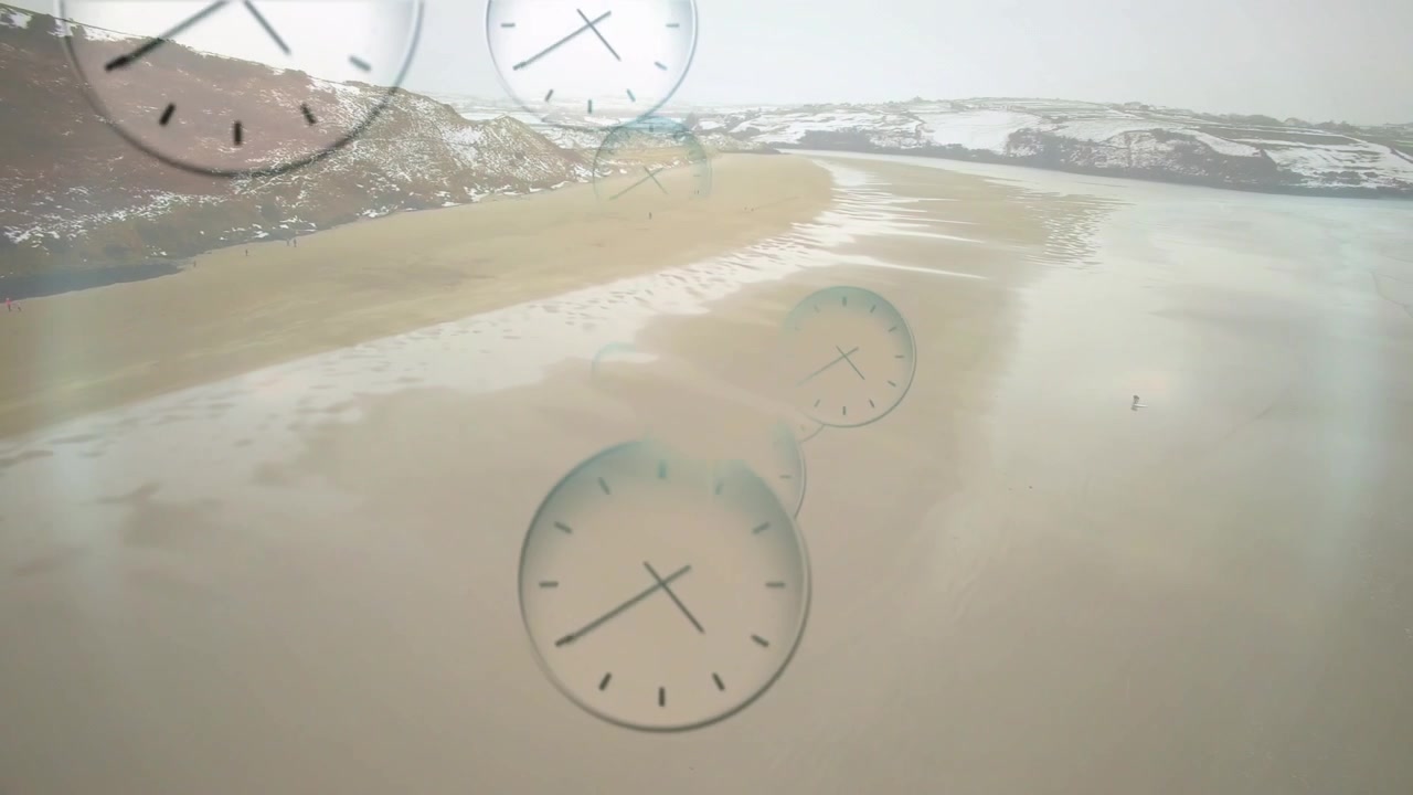 Translucent clock faces drifting over sandy bay, compositing overlay driving layered depth and time