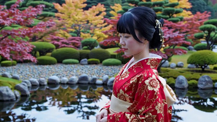 Video di profilo laterale di una donna con un kimono rosso, ambientato in un giardino giapponese