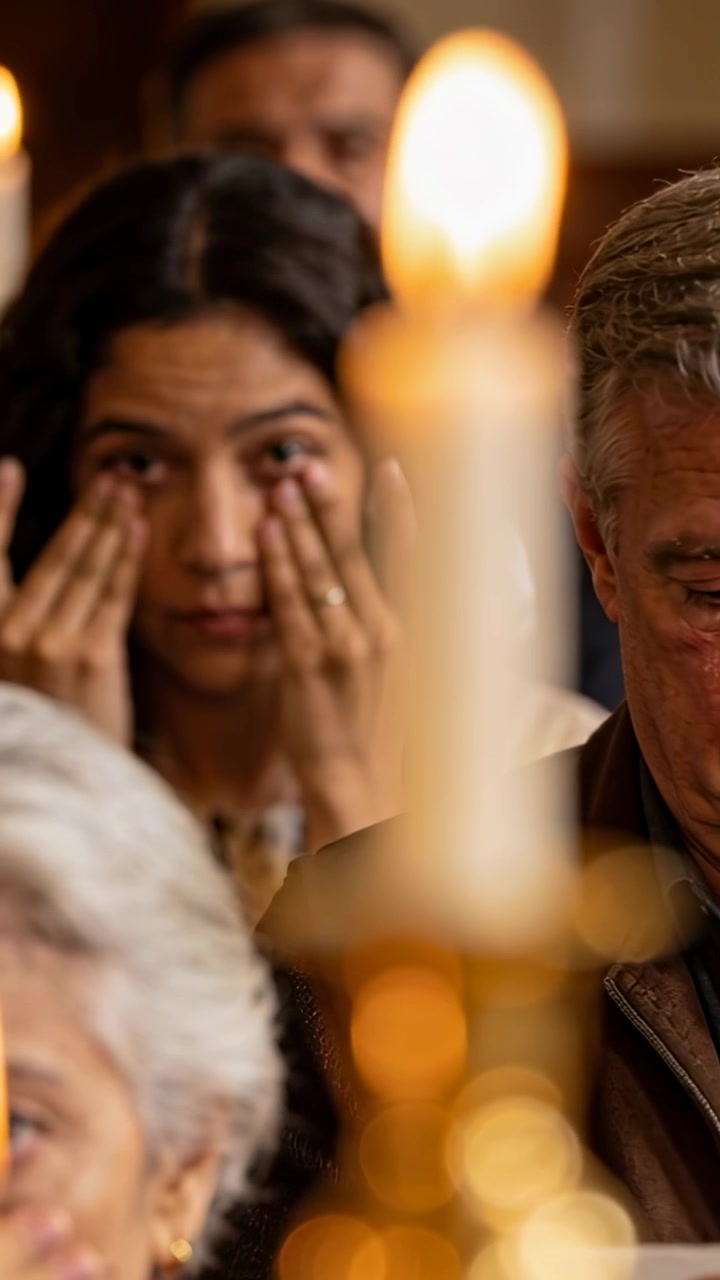 Vertical video: Watching 3 mourners dabbing tears with tissues as chapel memorial starting, candle