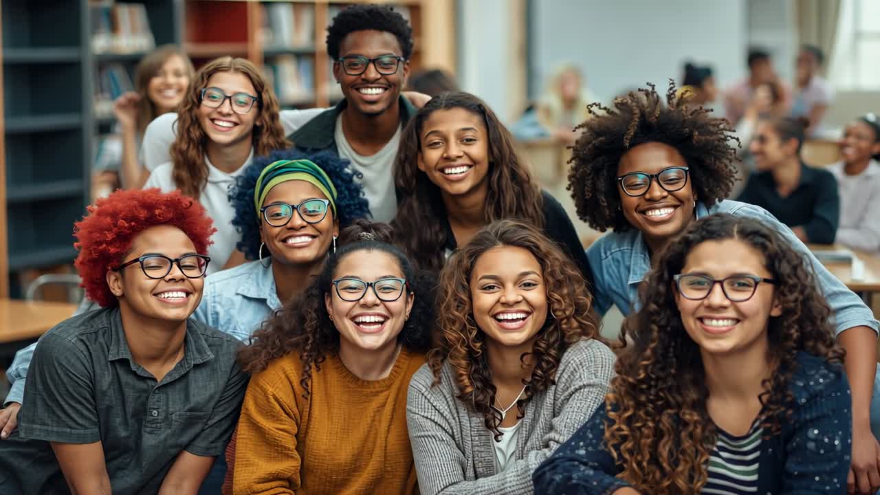 Students clustering and smiling in rows at library after camera focusing for portrait, with glasses