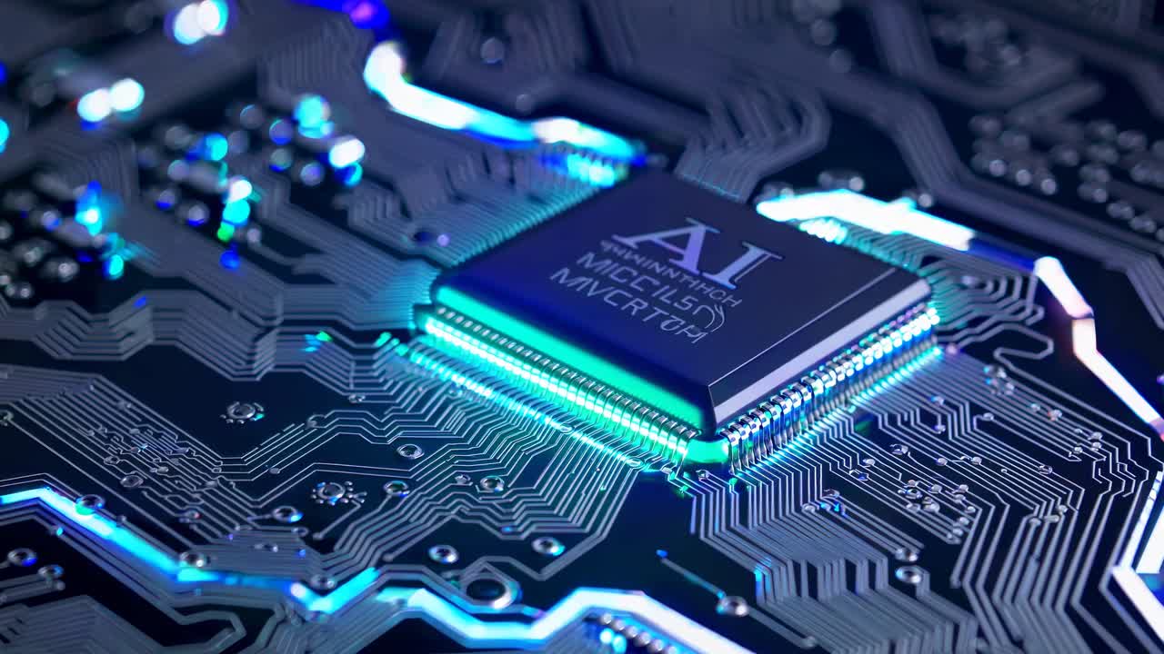 Close-up, angled shot of a glowing AI microchip on a circuit board, emphasizing futuristic