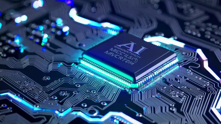 Close-up, angled shot of a glowing AI microchip on a circuit board, emphasizing futuristic