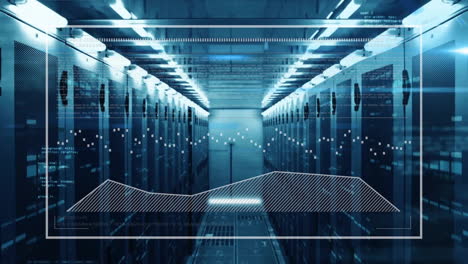 processing data over server racks in data center, animation showing flow