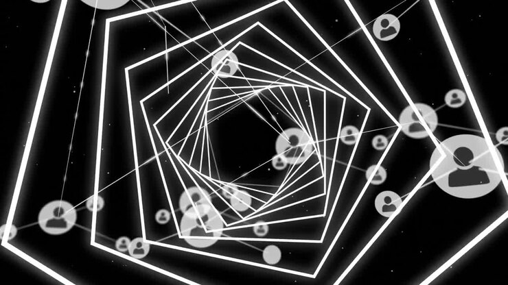 Animation of network of connections with icons over spiral on black background