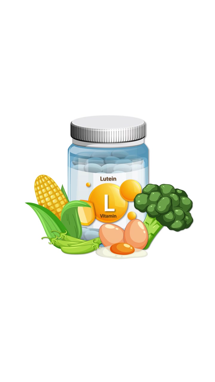 Flacone di integratore di luteina con mais, uova, broccoli e piselli che appaiono con transizioni fluide e pulite.