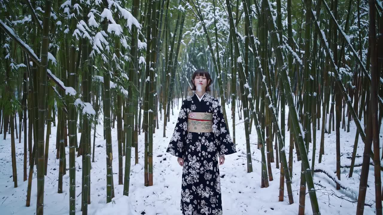 A woman in a floral kimono walks through a snowy bamboo forest. The video uses a straight-on camera