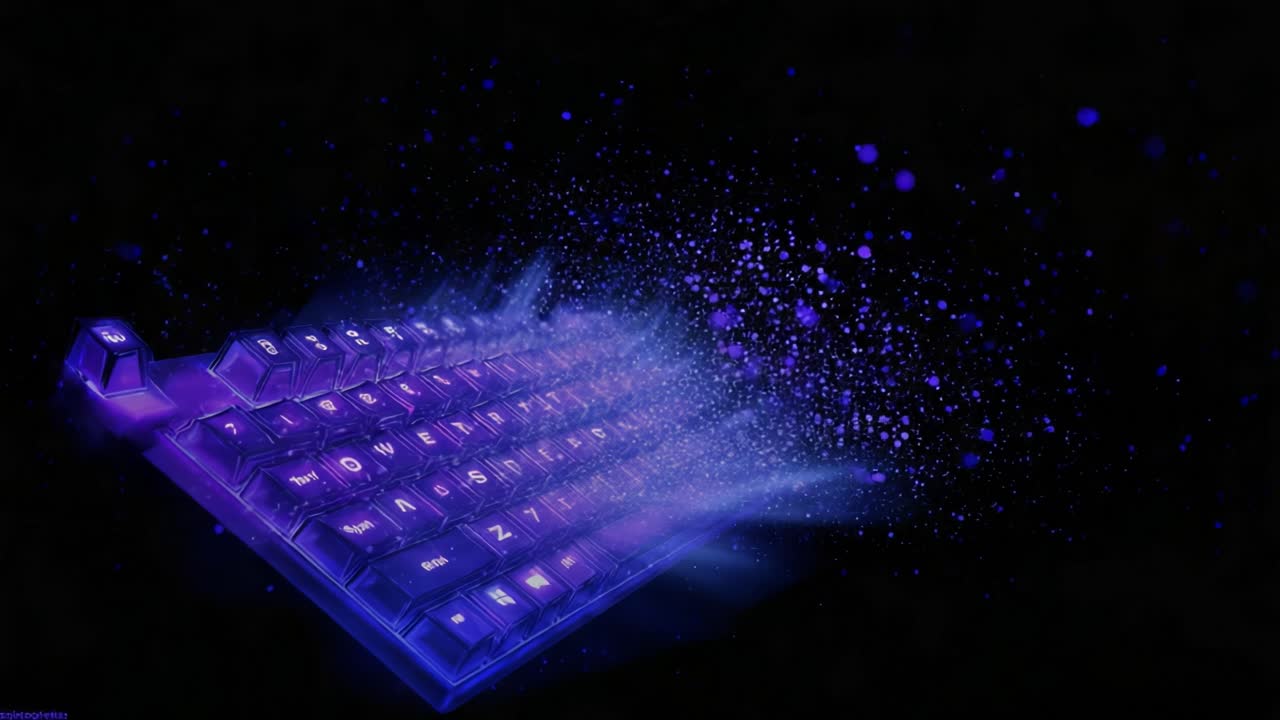Futuristic purple glowing keyboard dissolving into tiny particles on a black background. Digital art representing concepts like technology, data transfer, cyberspace, and virtual reality