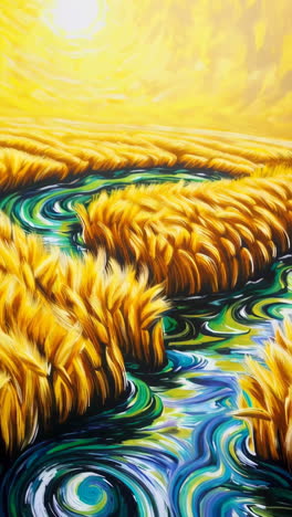 vibrant golden wheat field with swirling water in van gogh style