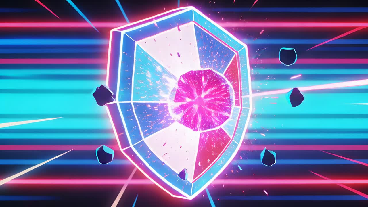 Colliding projectile igniting magenta core and fracturing glowing segmented shield in neon grid