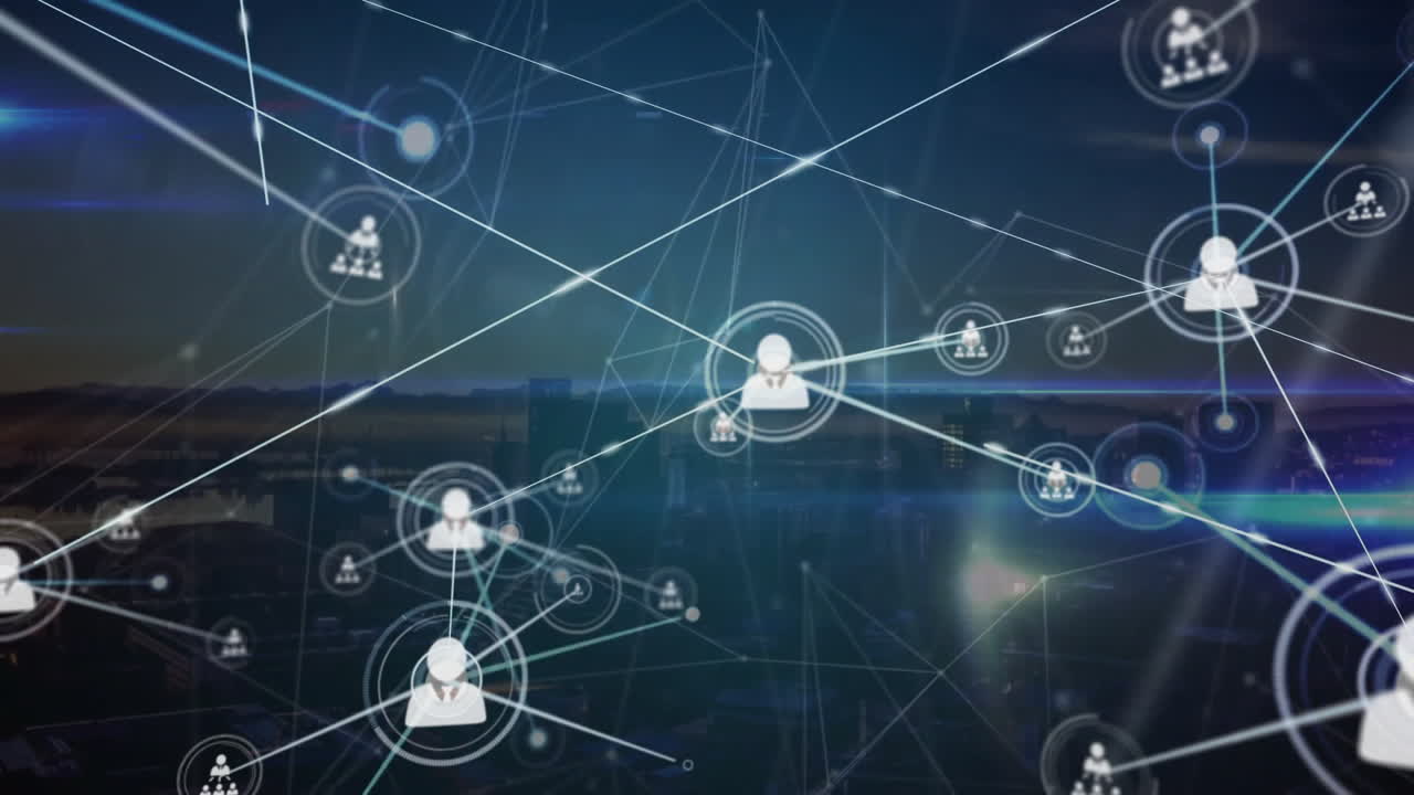 Animation of network of connections with people icons over landscape