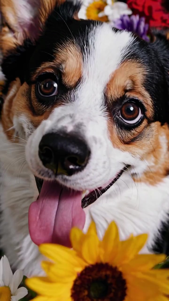 Adorável Cão Corgi Rodeado por Flores Coloridas de Primavera