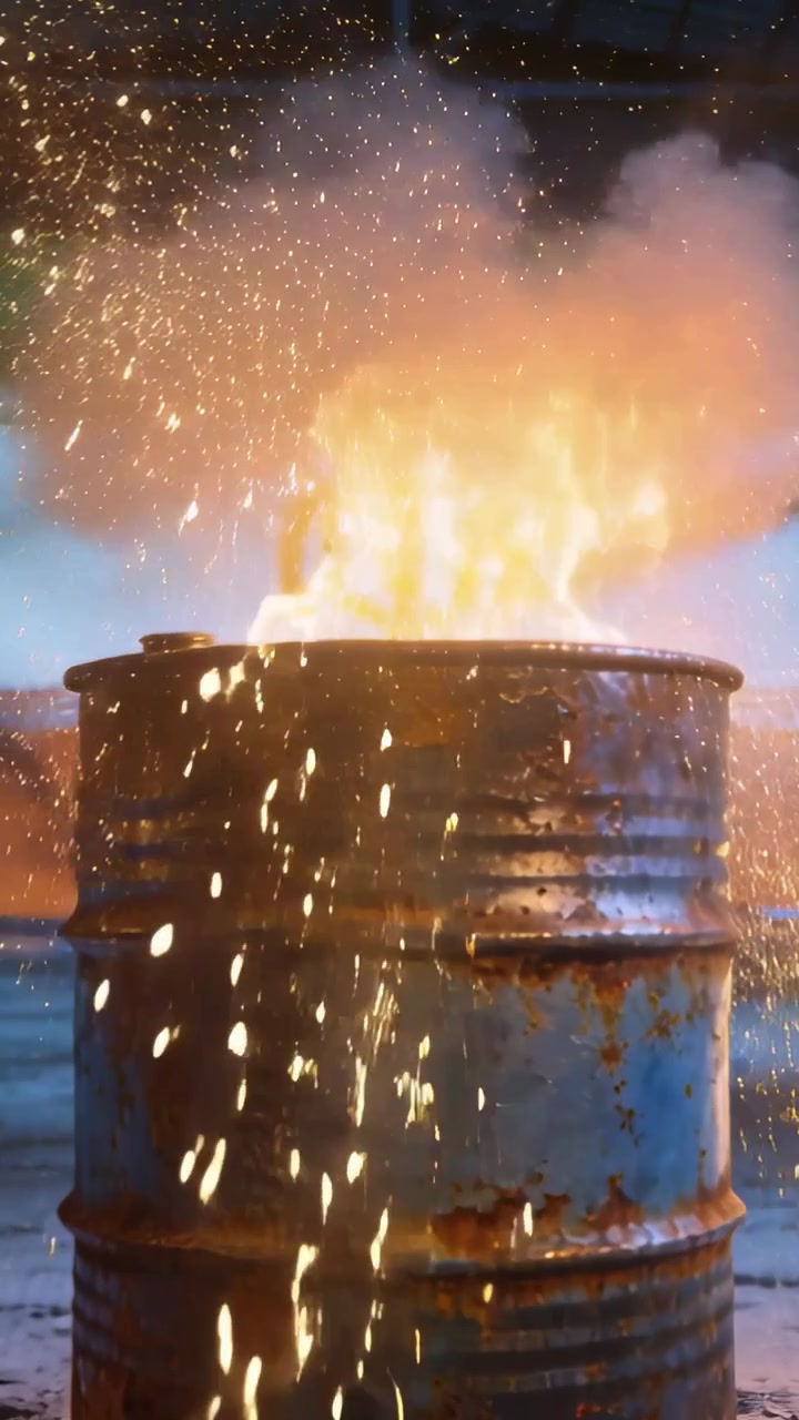Vertical video: Streaking flare hitting rusted drum in hangar, drum erupting sparks and flame, flag