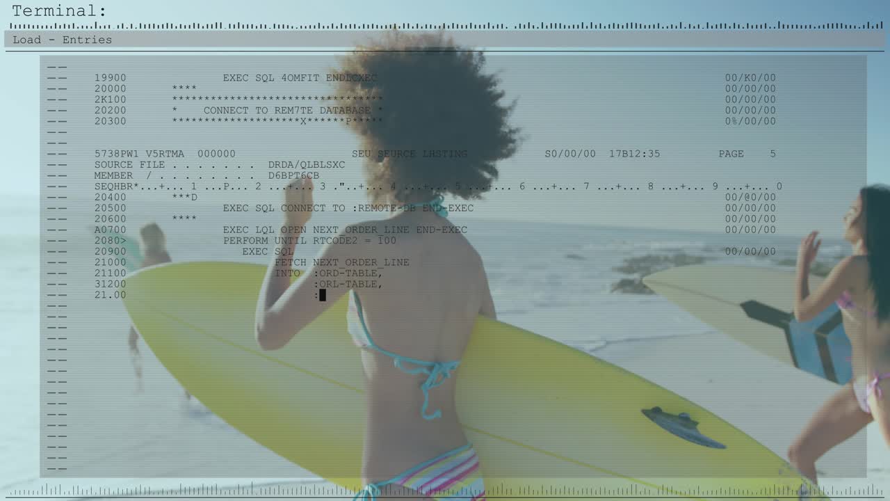 Warm waves luring trio racing into sea, mid woman holding yellow board, tech overlay covering scene