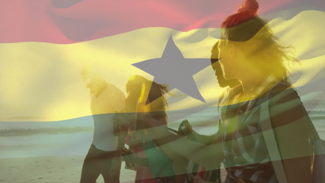 Walking on beach, friends carrying Ghana flag with animation overlay