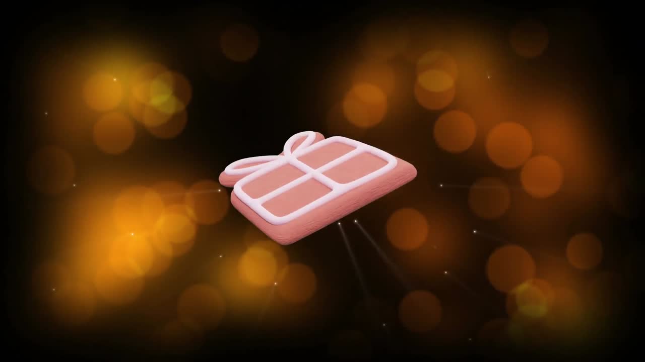 animación de regalo de navidad galleta de pan de jengibre sobre la nieve cayendo y luces bokeh.