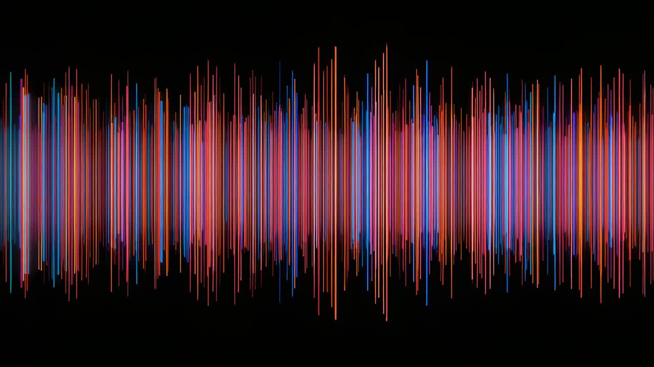Animating central waveform with luminous bars pulsing on black canvas, audio track driving shifts