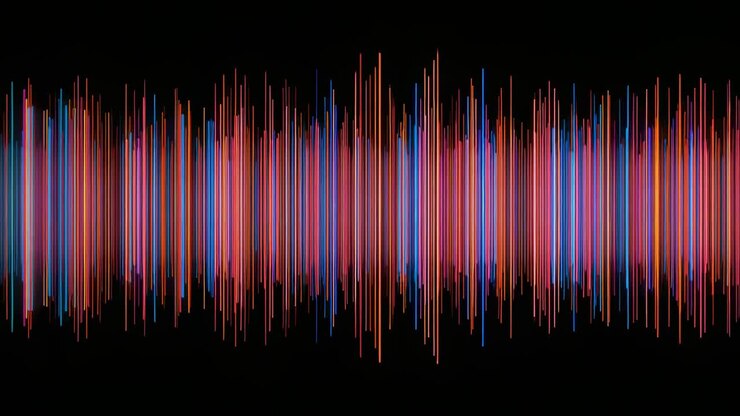 Animeret central bølgeform med lysende søjler, der pulserer på sort lærred, hvor audiosporet driver skift.