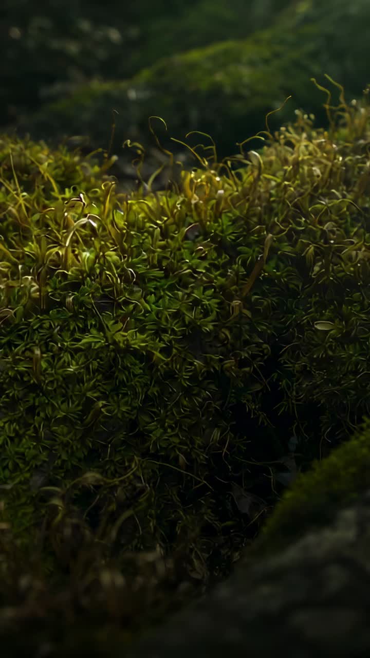 Video verticale: la fotocamera si allontana mostrando il muschio sul suolo della foresta per lo studio, esponendo gli steli dello sporofito