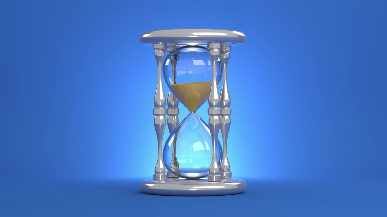 Una clessidra su sfondo blu. Sabbia gialla in caduta. Rendering 3D