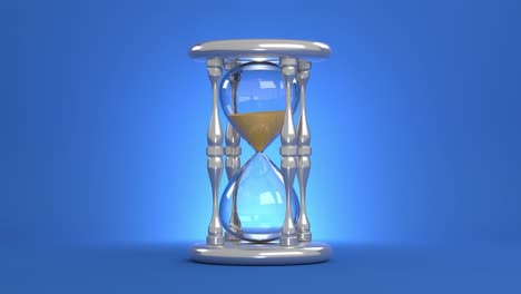 an hourglass on a blue background. falling yellow sand. 3d-rendering.