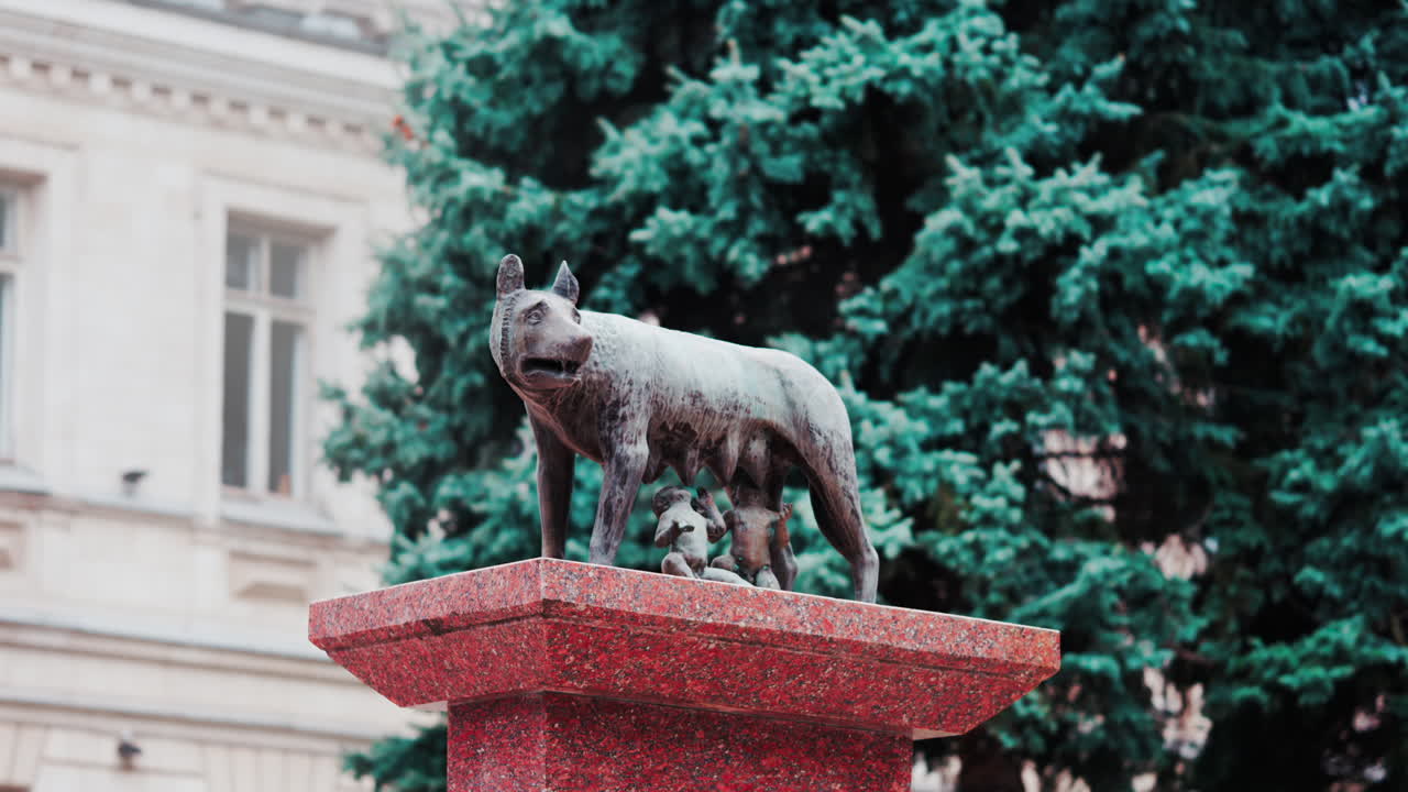 Chisinau, Moldova - September 25, 2025: Historic bronze statue of the Capitoline Wolf with Romulus and Remus on a red marble pedestal in front of the National History Museum of Moldova