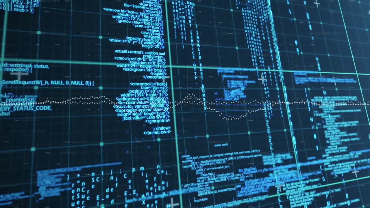 Animation of digital code and data streams flowing across futuristic blue grid