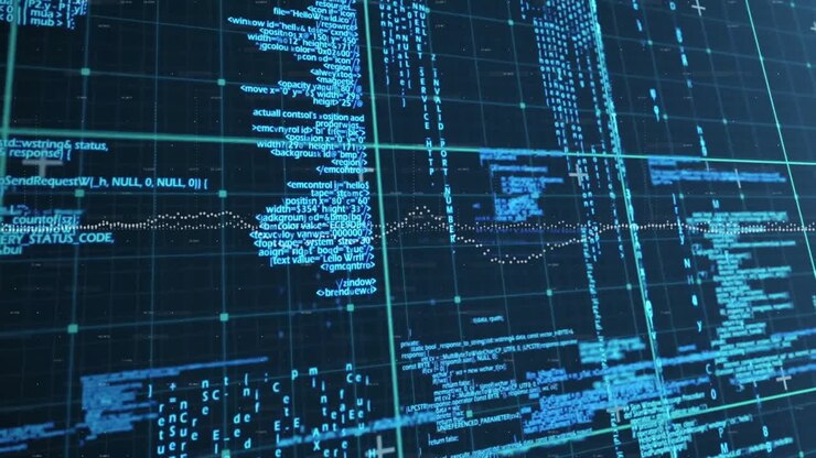 Animation of digital code and data streams flowing across futuristic blue grid